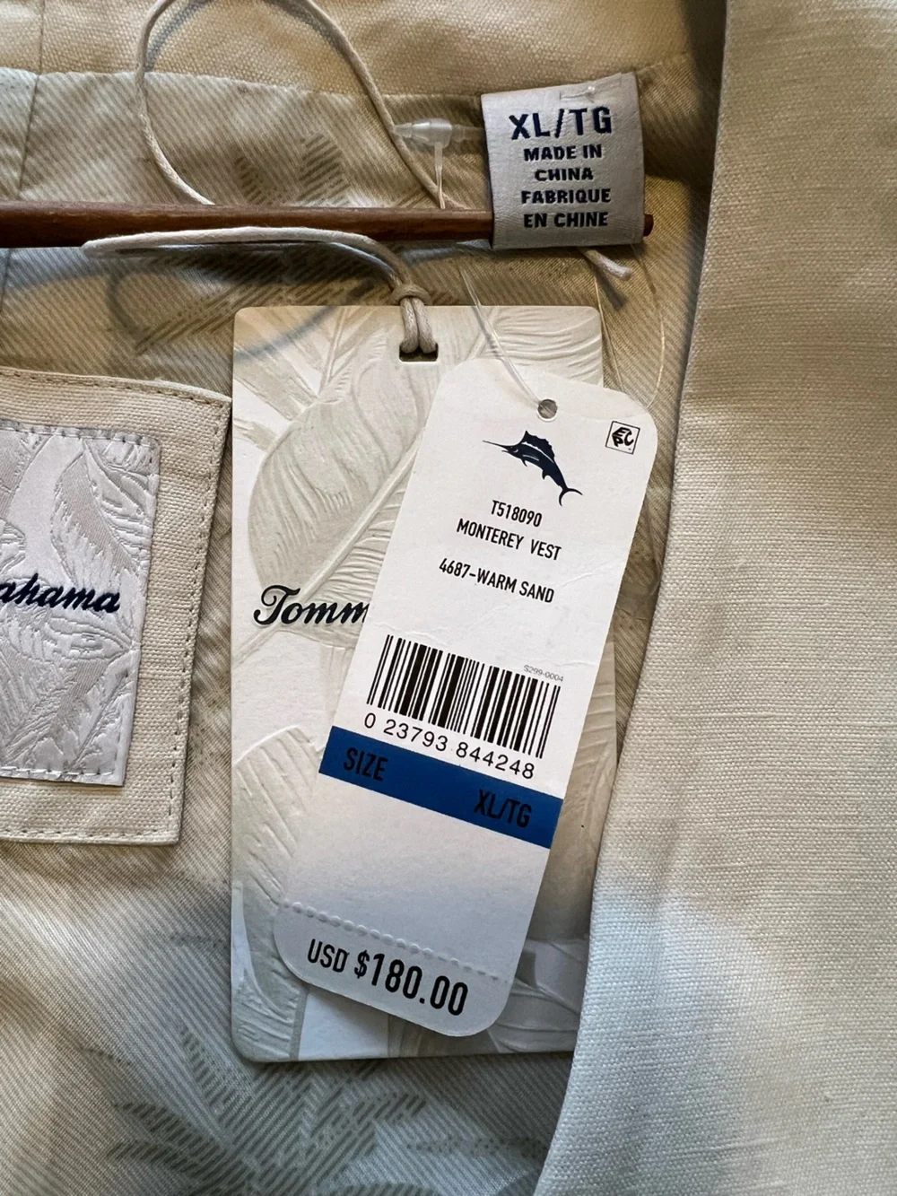 Tommy Bahama Monterey Vest Warm Sand Cream Linen Blend with Palm-Print Lining